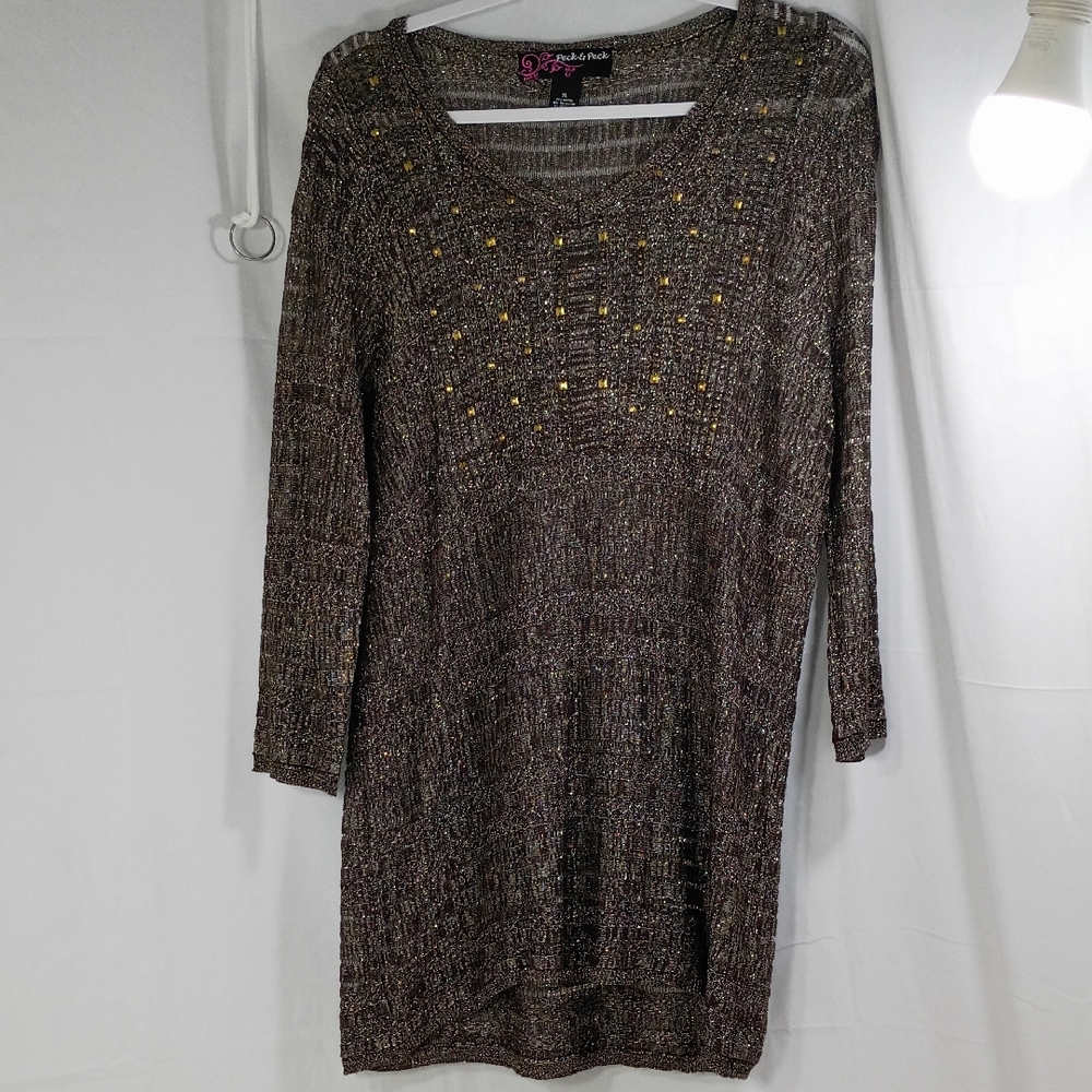 Peck & Peck ,  Shimmering Gold and Brown Long Sleeve Dress